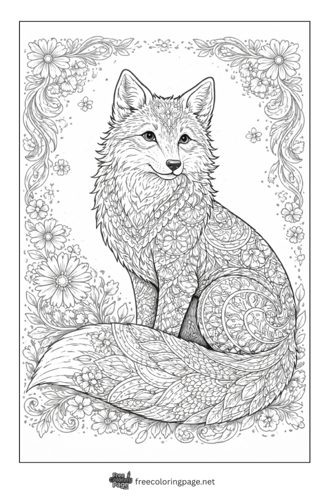 coloring page of fox floral frame mandala 