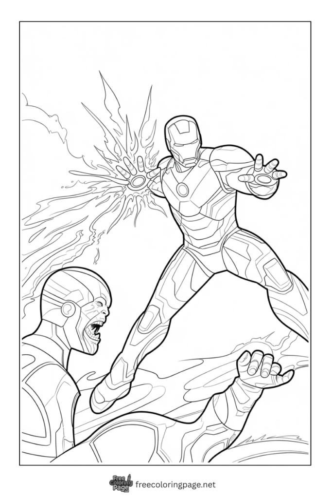 coloring page of iron man in fight action scene