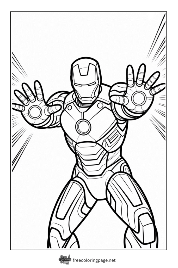 coloring page of iron man blasting in fight