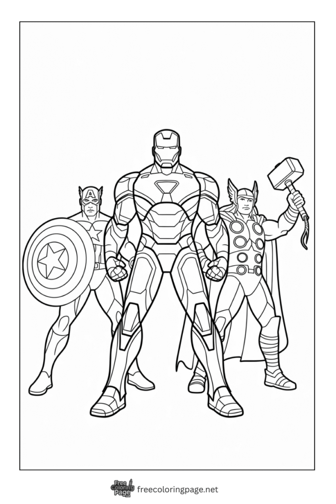 coloring page of iron man captain america and thor