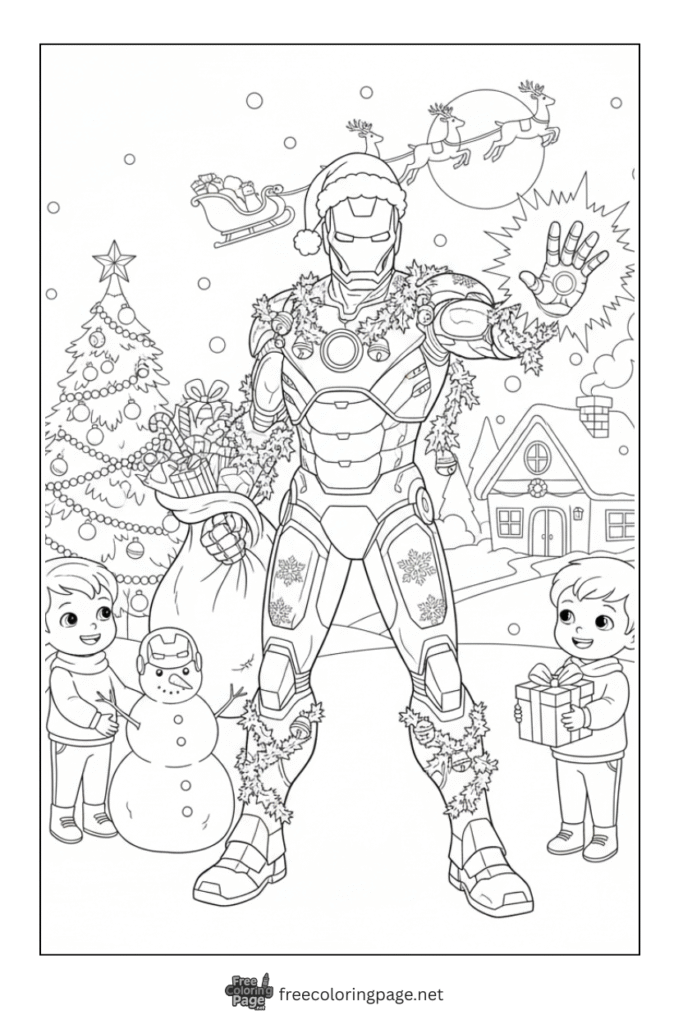 coloring page of iron man celebrating christmas 