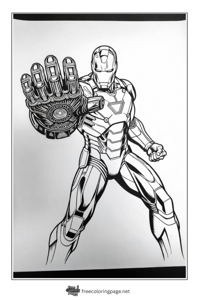 coloring page of iron man with gauntlet action