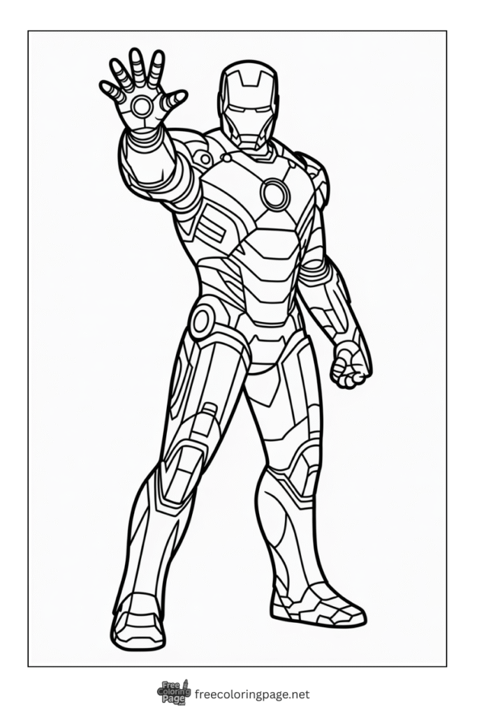 coloring page of iron man with hand showing gauntlet
