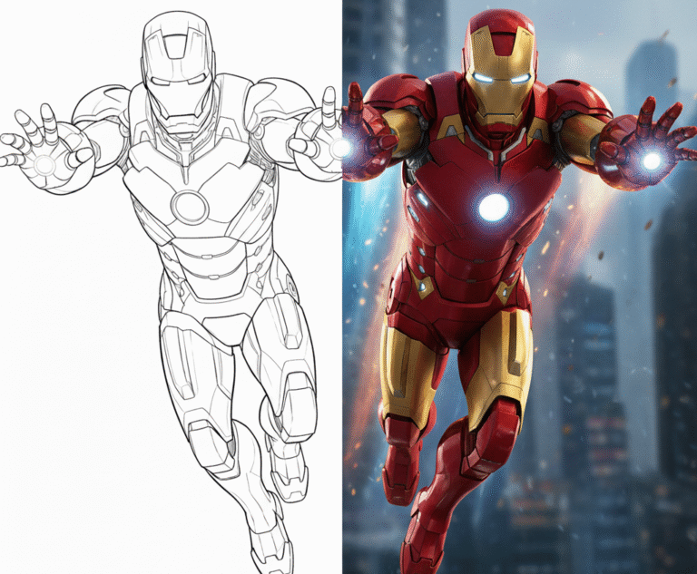 colored and drawing image of iron man