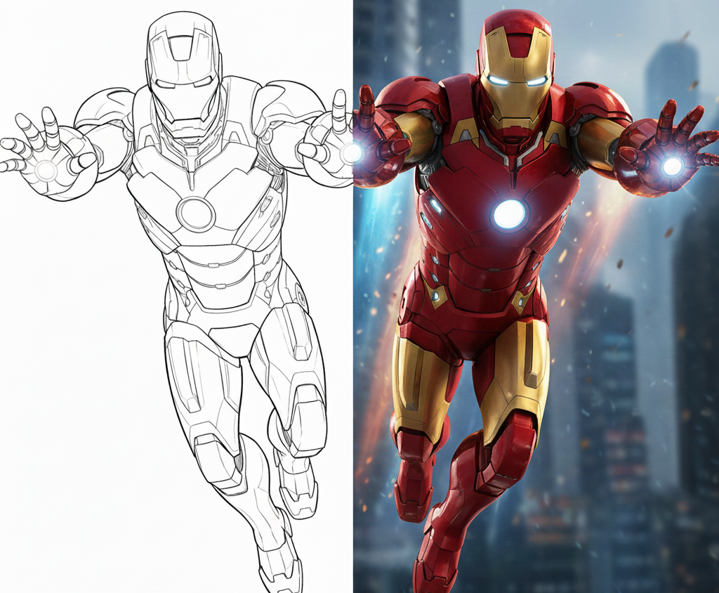 colored and drawing image of iron man