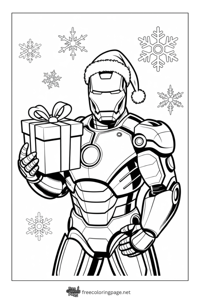 coloring page of iron man super realistic with gift