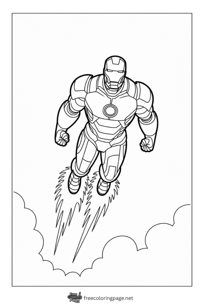 coloring page of iron man with flying in action