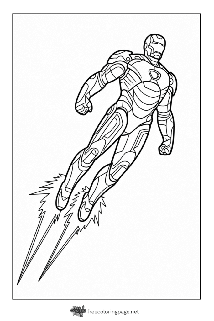 coloring page of iron man flying scene