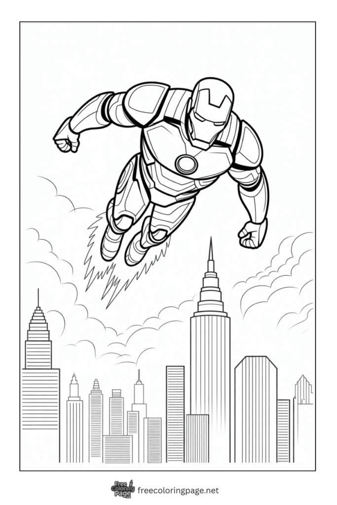 coloring page of iron man flying scene