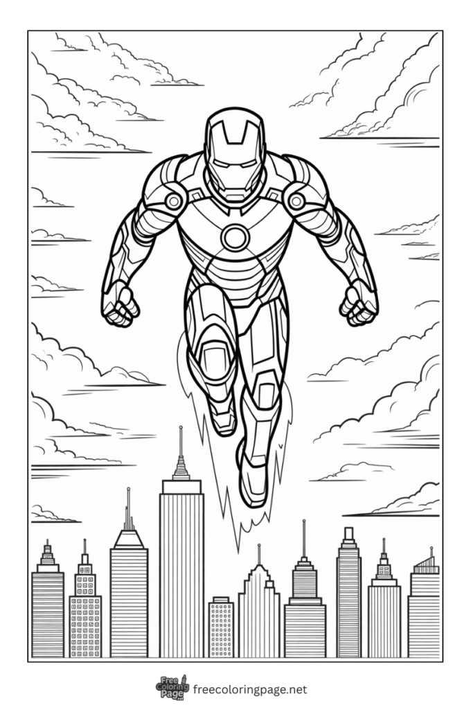 coloring page of iron man landing on land