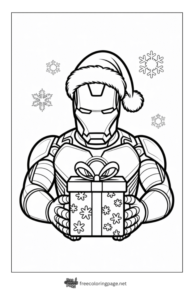 coloring page of iron man giving christas gift