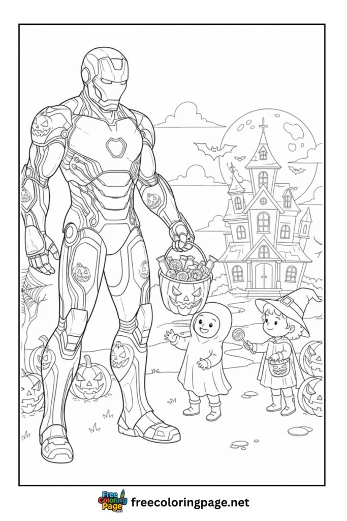 coloring page of iron man celebrating halloween 