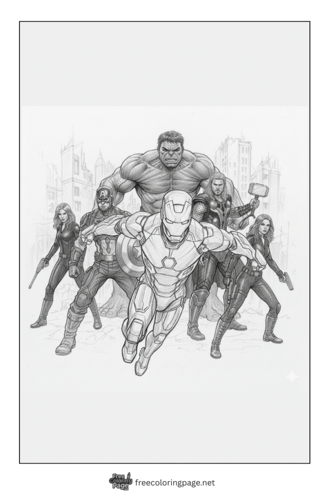 coloring page of iron man with avengers team