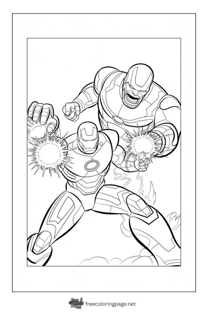 coloring page of iron man in action with thanos