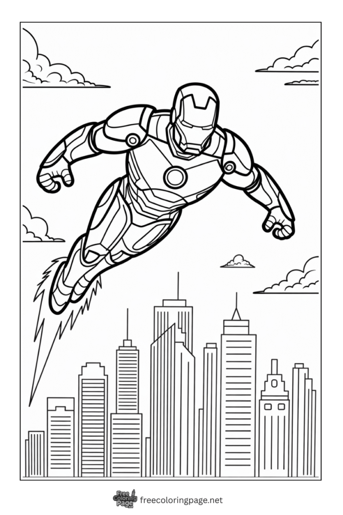 coloring page of iron man flying over city