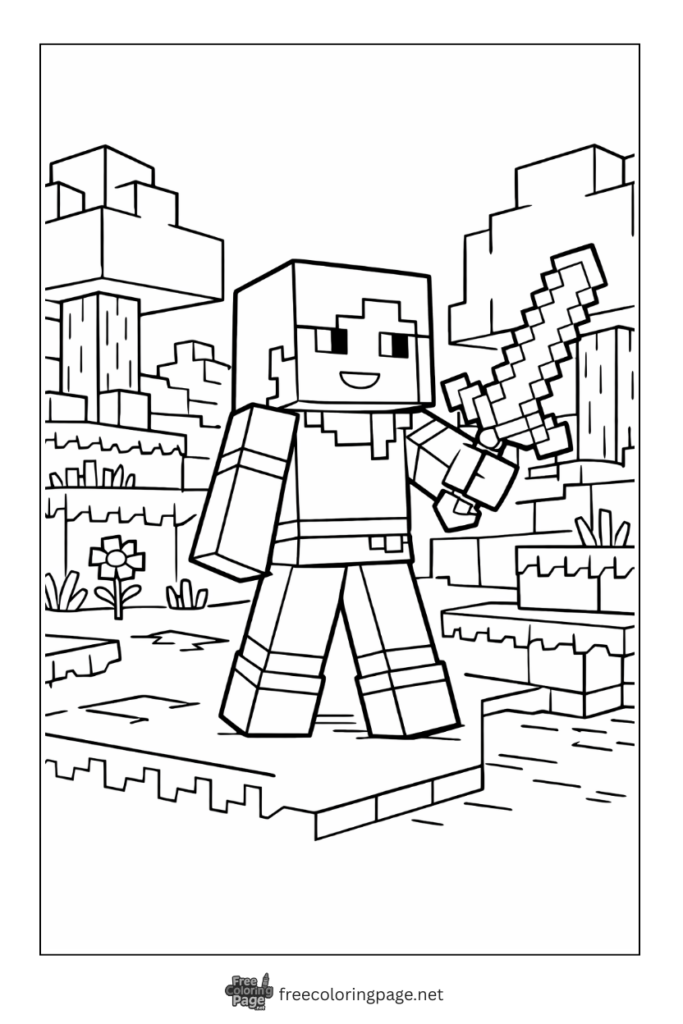coloring page of detailed minecraft alex holding sword