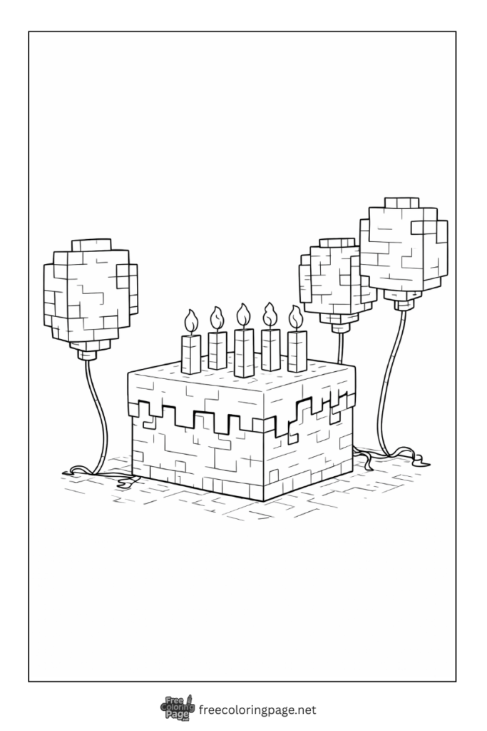 coloring page of detailed minecraft block cake and ballons