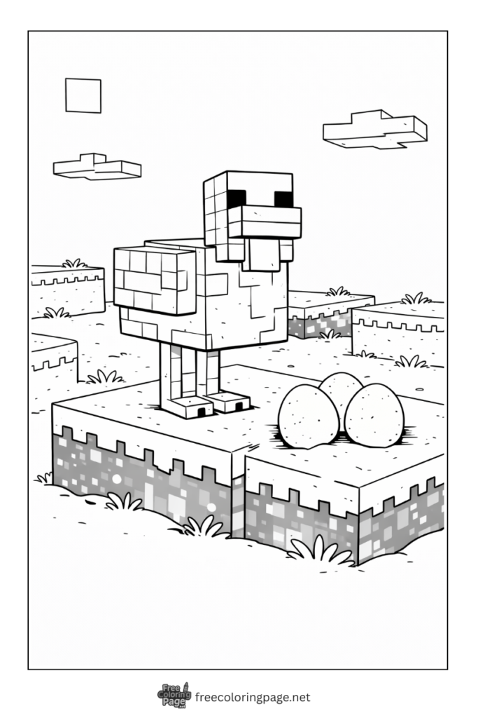 coloring page of detailed minecraft chicken with eggs