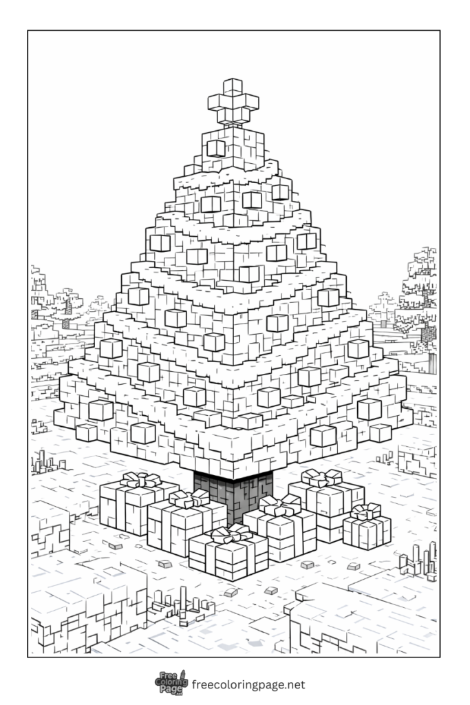 coloring page of detailed minecraft christmas tree