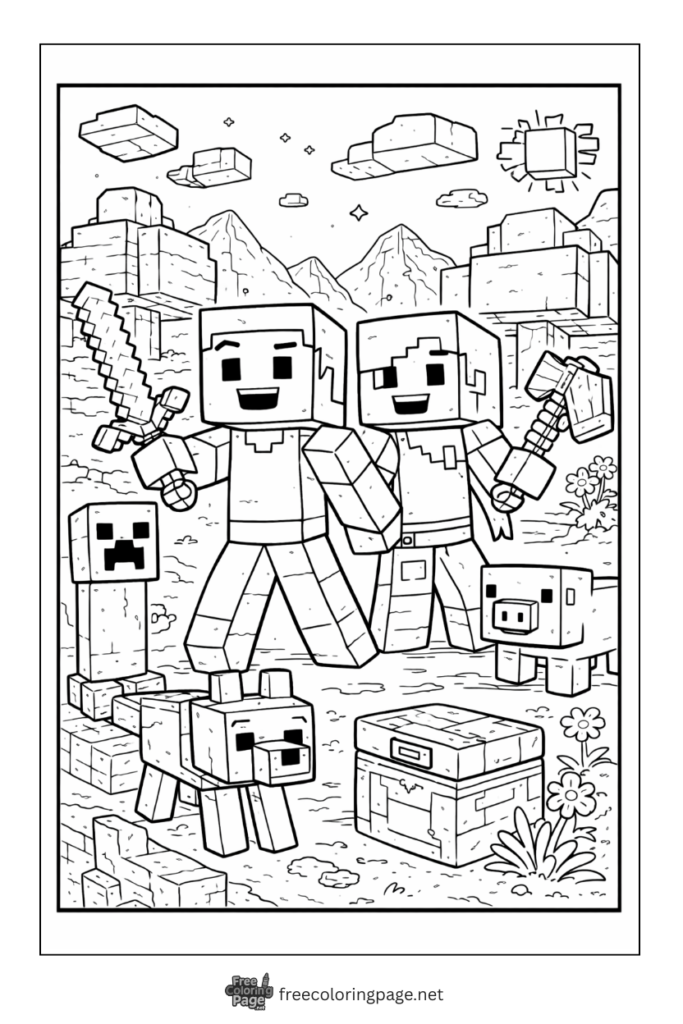 coloring page of minecraft steve holding diamond sword and farm animals