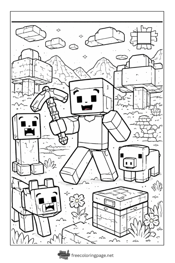 coloring page of minecraft showing steve creeper and farm animals
