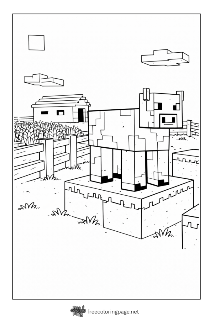 coloring page of detailed minecraft cow in block farm
