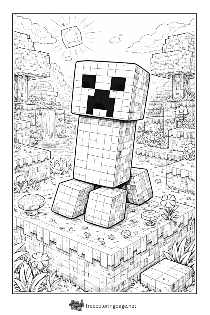 coloring page of detailed minecraft creeper for adult coloring