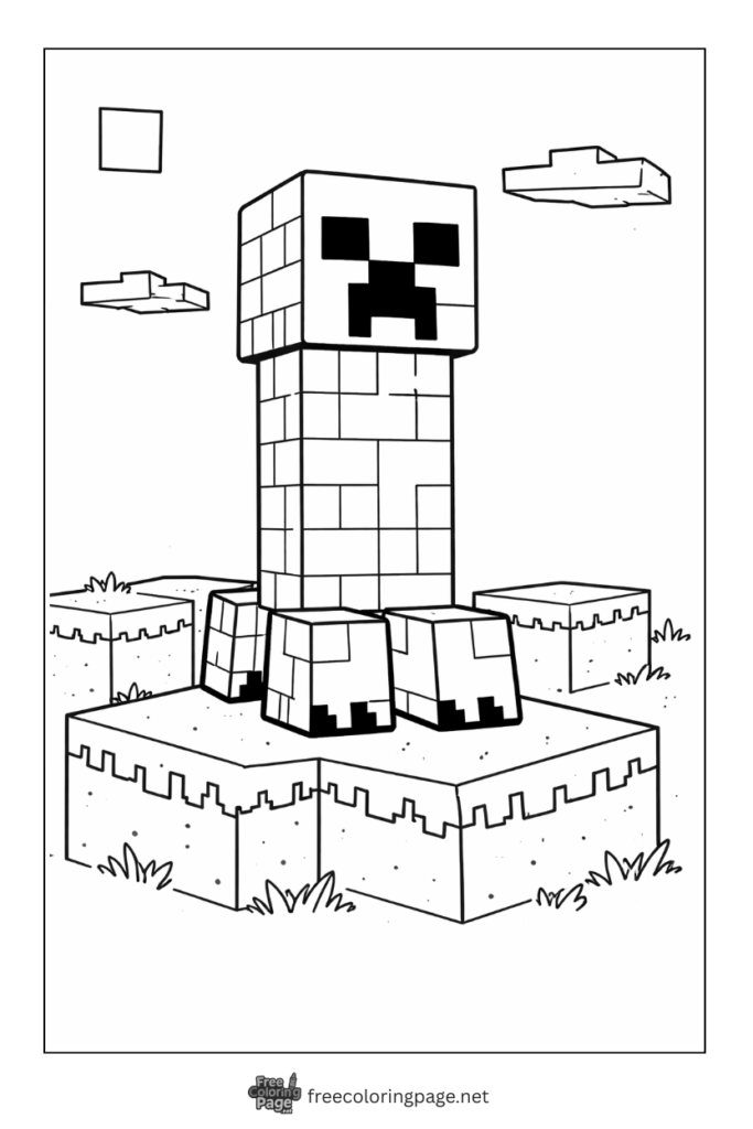 coloring page of minecraft creeper standing in block grass