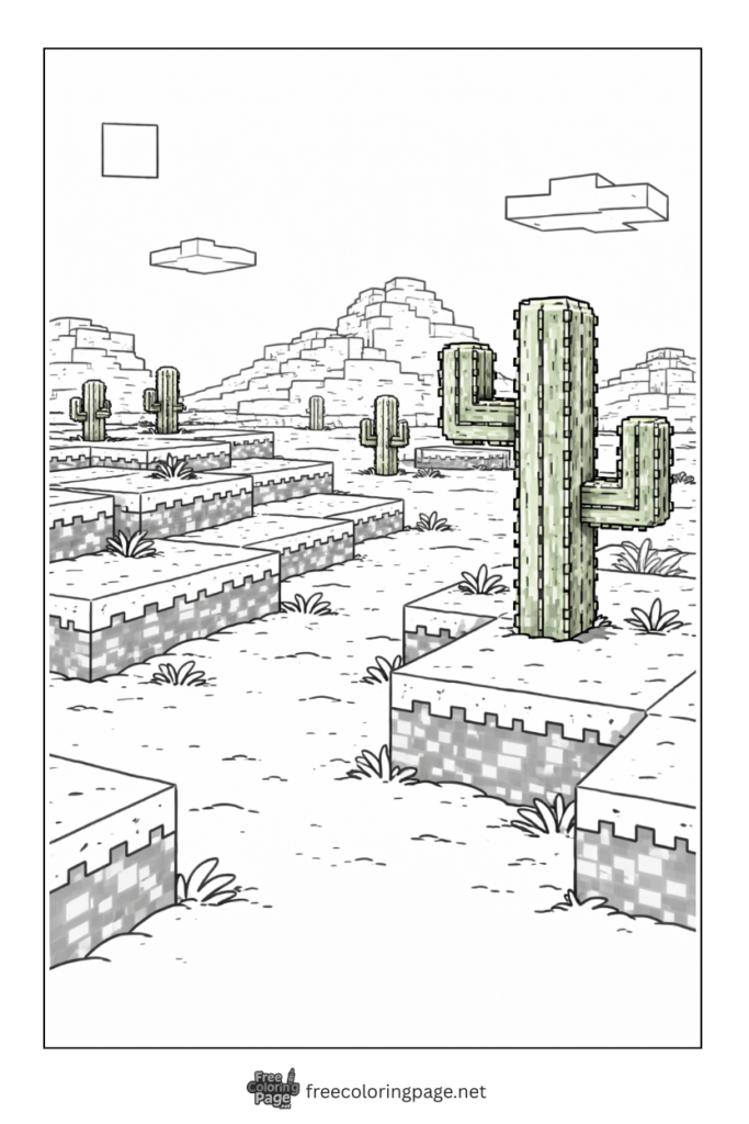 coloring page of detailed minecraft desert biome with block cactus