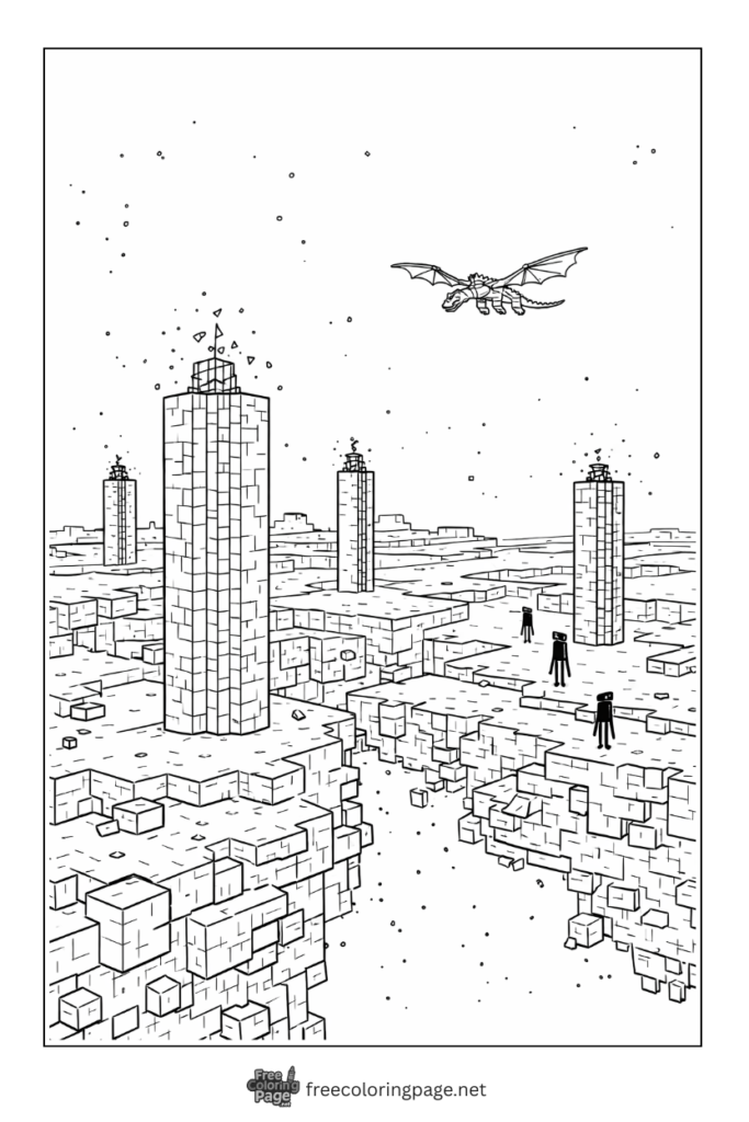 coloring page of detailed minecraft end world with dragon flying away