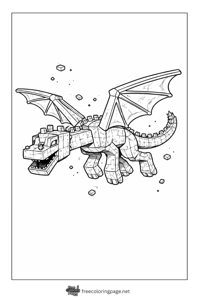 coloring page of detailed minecraft ender dragon flying