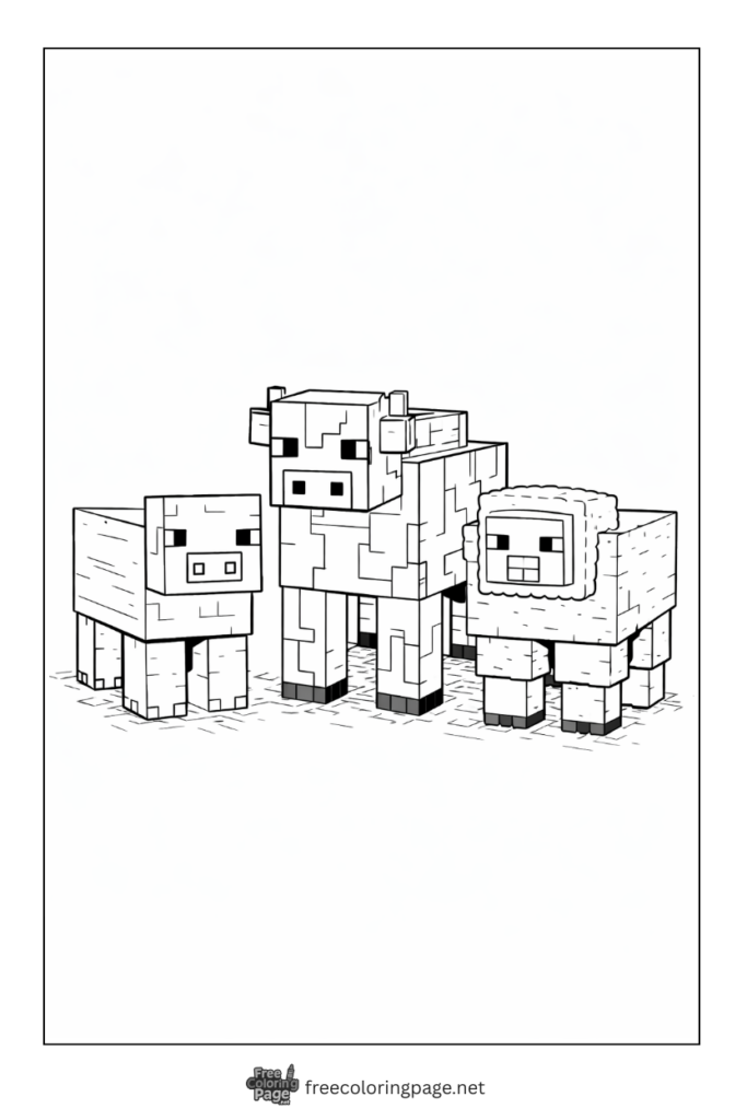 coloring page of minecraft farm animals cow pig and sheep