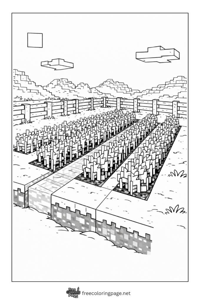 coloring page of detailed minecraft farm with block crops
