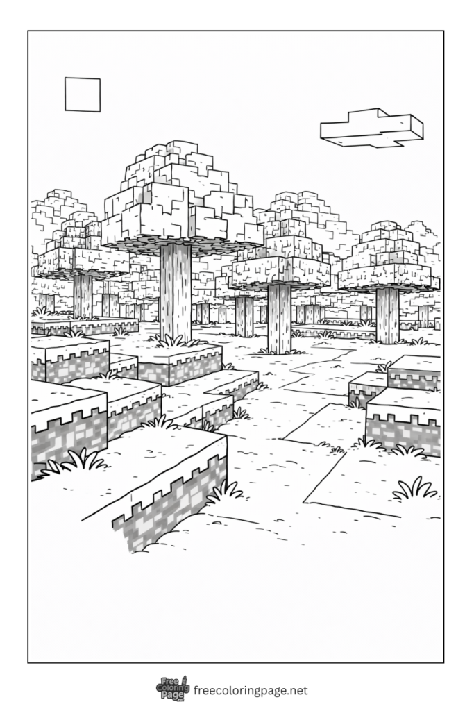 coloring page of detailed minecraft forest biome with block trees