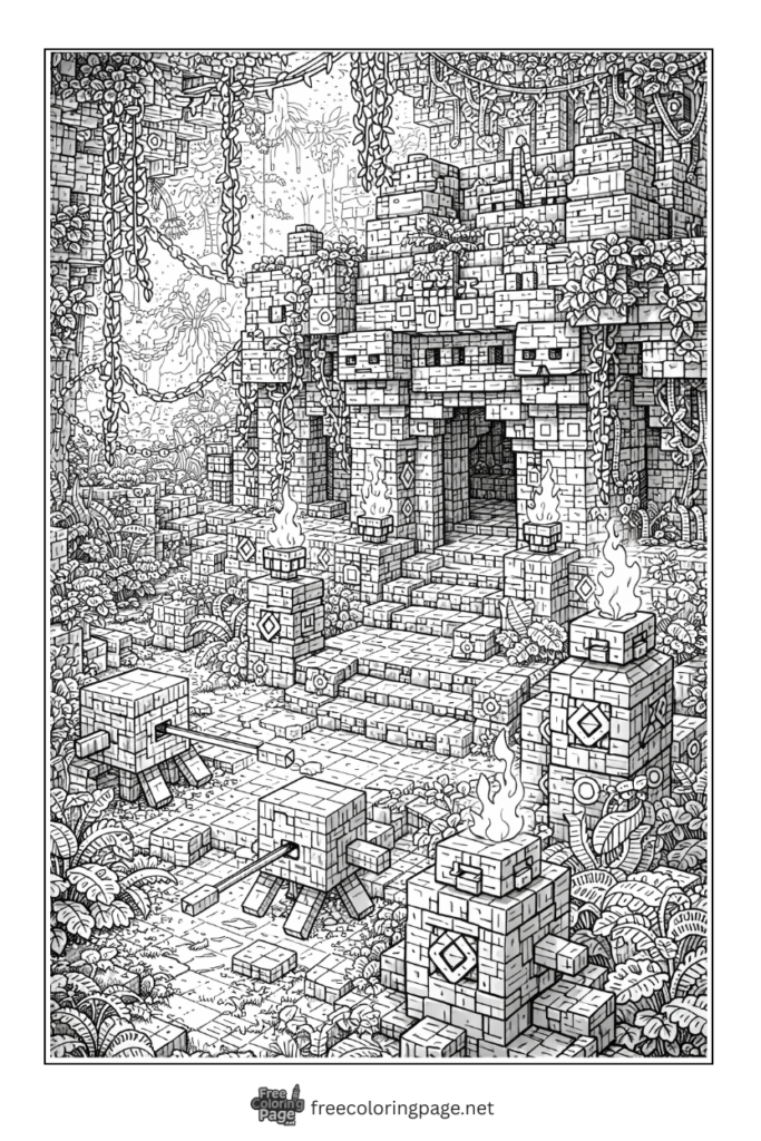coloring page of detailed minecraft temple with chains hanging