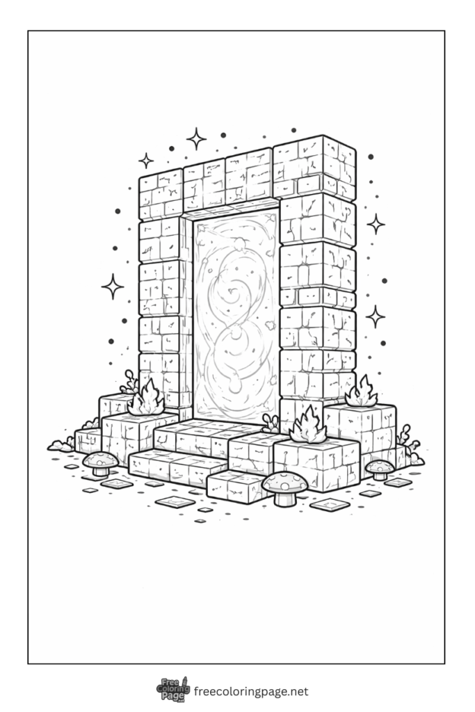 coloring page of detailed minecraft block portal