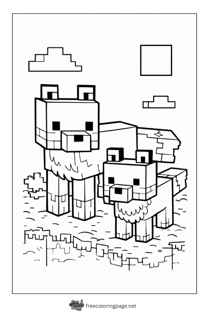 coloring page of detailed minecraft pigs in block style
