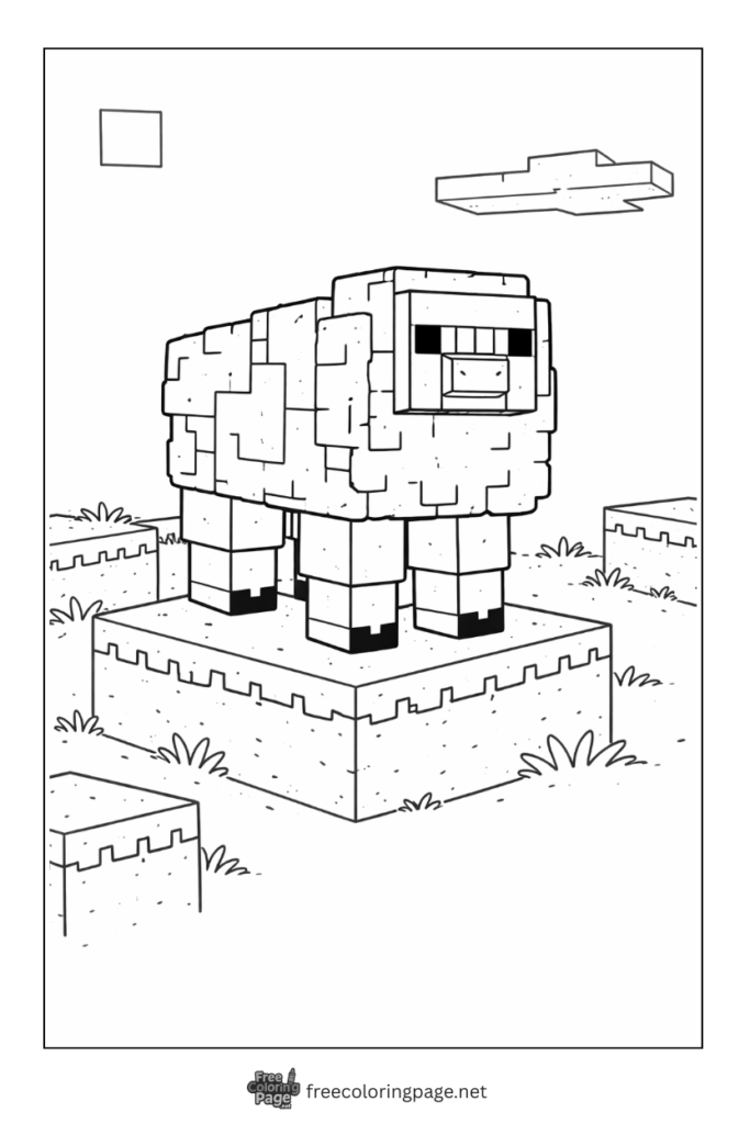 coloring page of detailed minecraft sheep with block wool