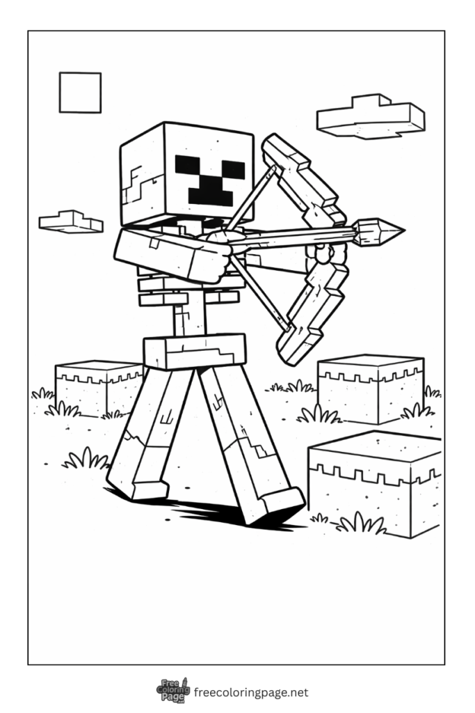 coloring page of minecraft skeleton using bow and arrow