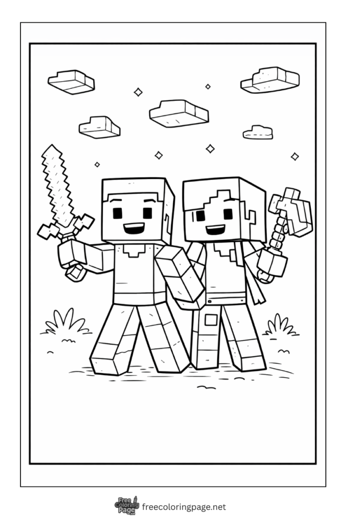 coloring page of minecraft steve and alex with swords