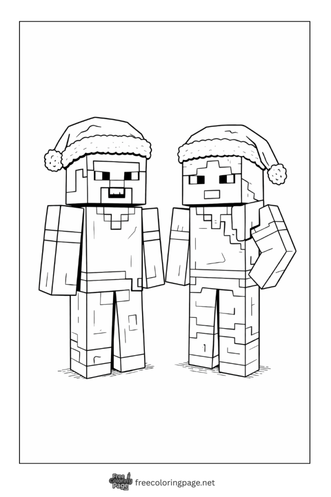 coloring page of detailed minecraft steve and alex in christmas