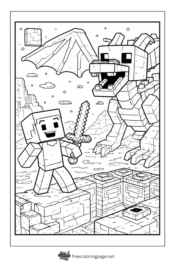 coloring page of minecraft steve and ender dragon