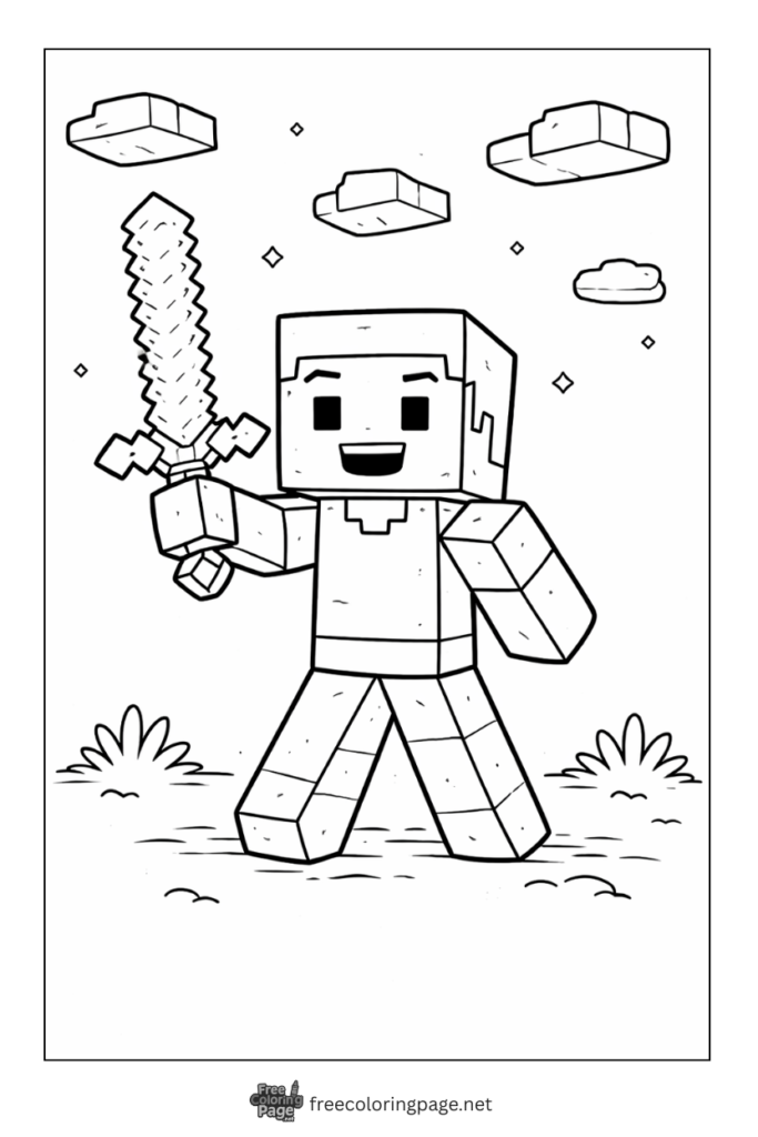 coloring page of minecraft steve with diamond sword