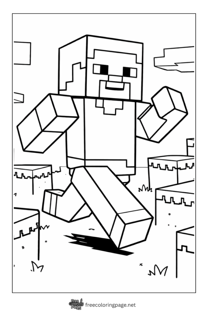 coloring page of minecraft steve running in blocks