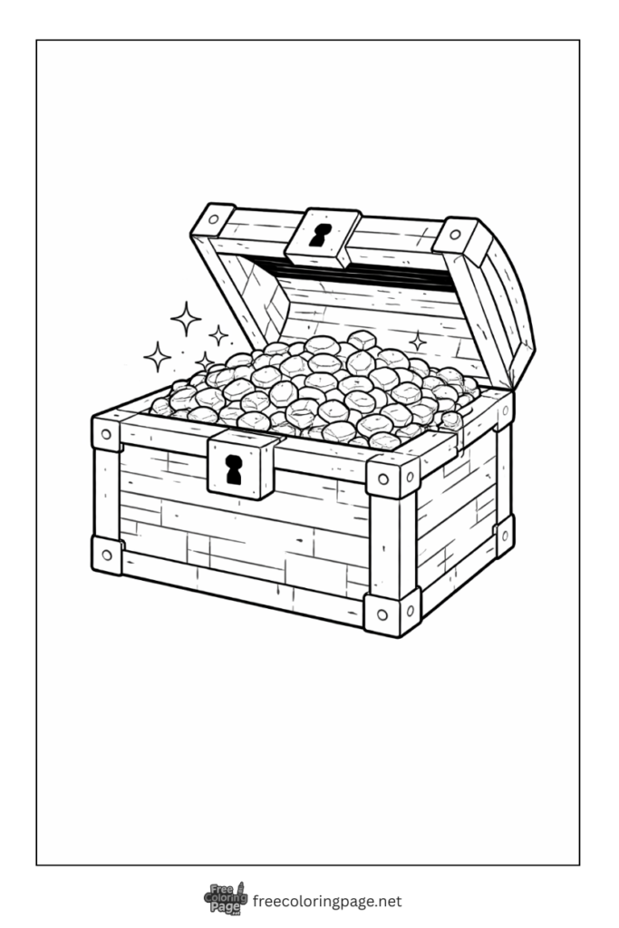 coloring page of minecraft tresure chest opened with gold coins