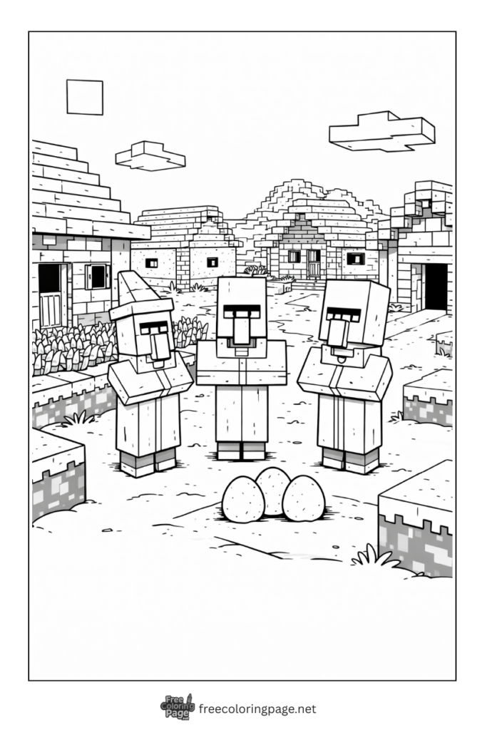 coloring page of detailed minecraft village with farm men