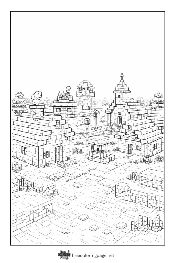 coloring page of detailed minecraft winter village 