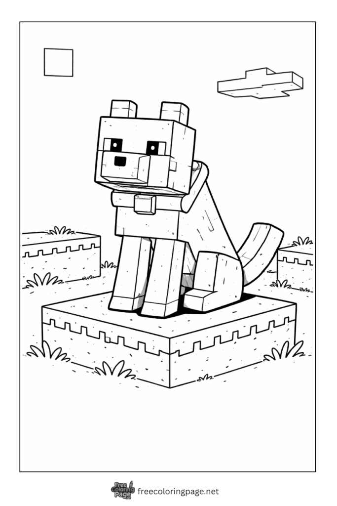 coloring page of detailed minecraft wolf block style