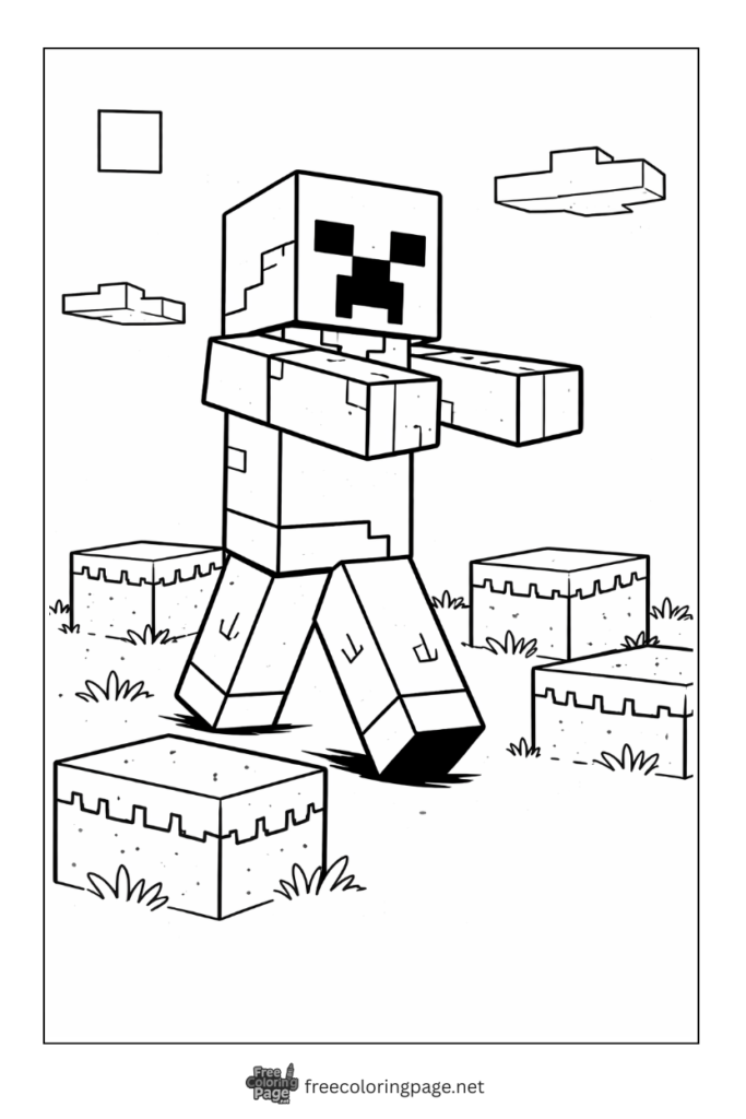 coloring page of minecraft zombie in block world