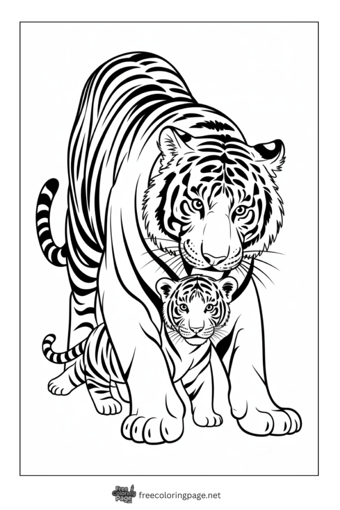 Coloring Page of mother Tiger with her cub
